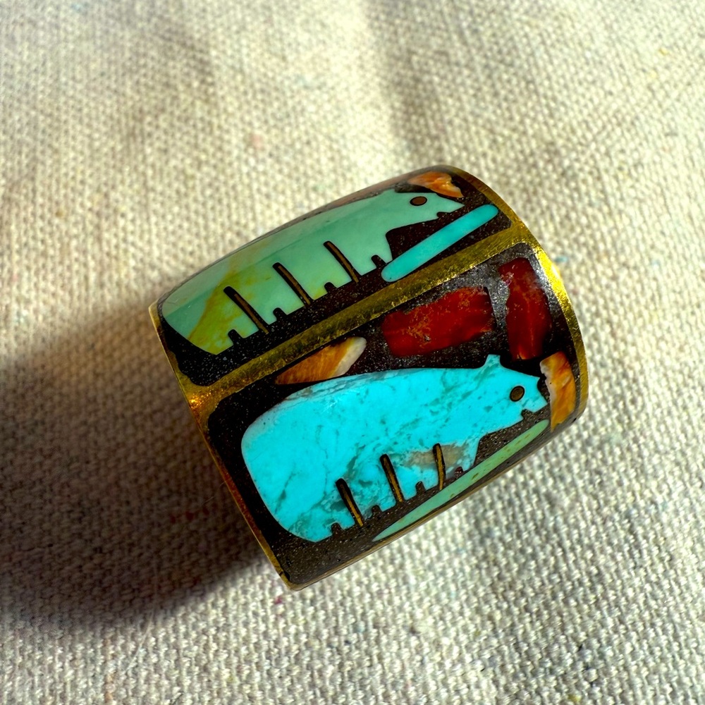 BRASS INLAY TURQUOISE BARREL RING